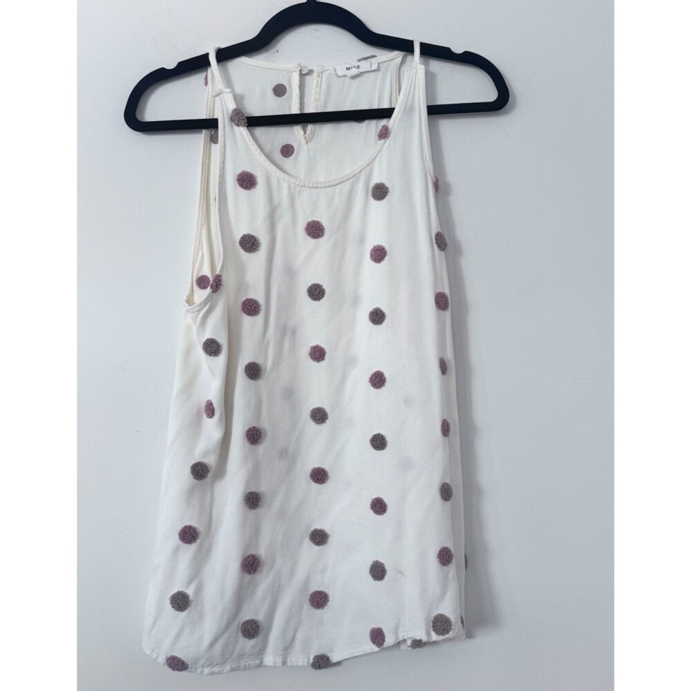 Boho Polka Dot Tank Top Womens Large Cream Sleeveless Flowy Pom Pom blouse